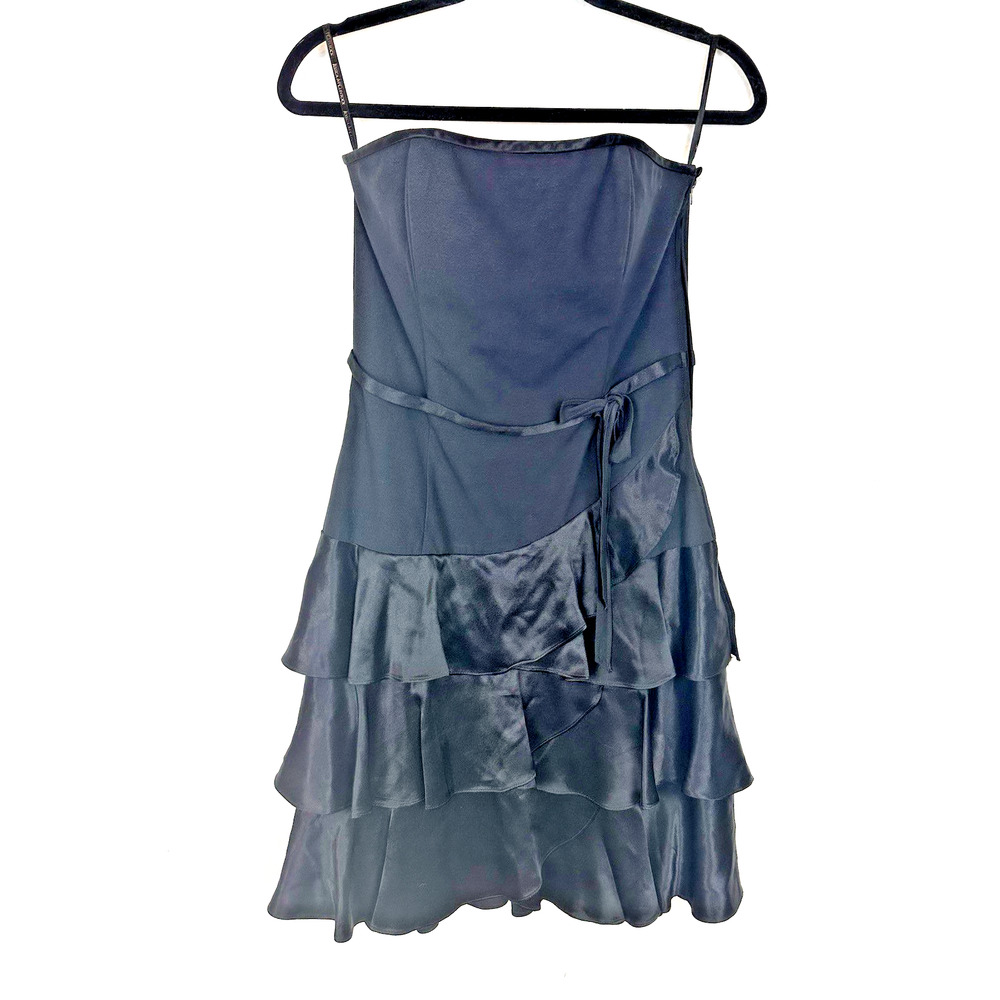 VINTAGE JESSICA MCCLINTOCK Women's 8 Mini Dress Black Satin Ruffled Sleeveless